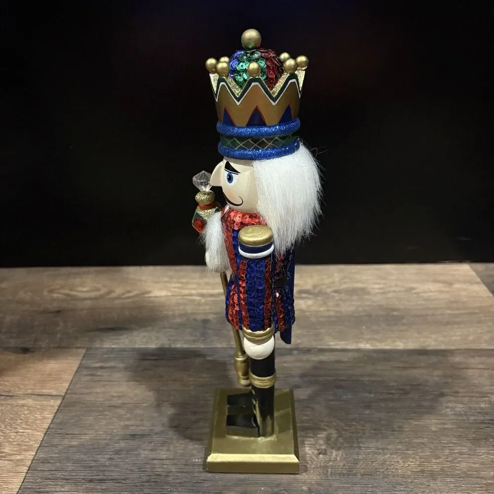 12” Sequin Nutcracker King Christmas Decor Red Blue Gold Crown Jeweled Scepter